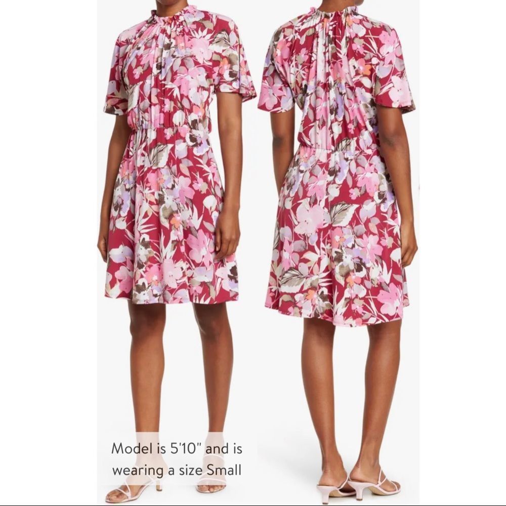 MAGGY LONDON Ruffle Neck Blouson Waist Dress